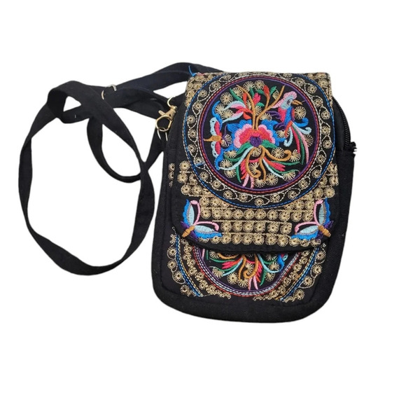 None Handbags - Fair Trade Bohemian Gypsy Floral Lotus Embroidered Shoulder Passport Embroid Bag